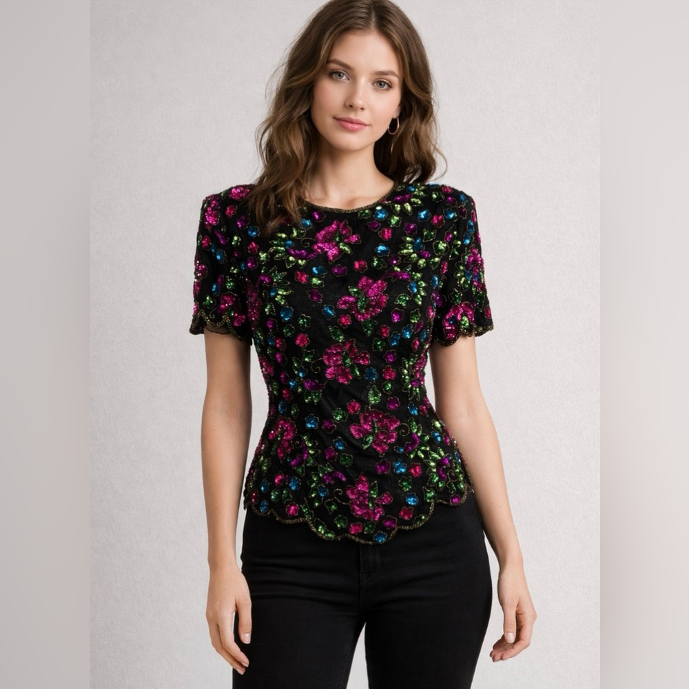 Stenay | Silk Beaded Sequin Floral Top Black Pink Teal Green Size | Sz Medium